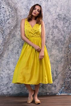 Yellow A-line midi dress with embroidered motifs on bodice.
Components: 1
Fabric: Chanderi Silk
Neckline: Surplice
Sleeve Length: Sleeveless
Color: Yellow
Embroidery
Hand embroidery
Gather detail - Aza Fashions Yellow Embroidery, Embroidered Motifs, Embroidery Hand, Dress For Women, Women Dresses, Embroidered Dress, Aza Fashion, Silk Dress, Graduation Dress