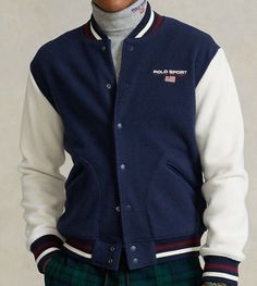 Brand new with tags Size: XXL Faux shearling baseball jacket Striped ribbed baseball collar.  Snapped placket. Long sleeves with striped ribbed cuffs. "Polo Sport Ralph Lauren" logo and American Flag embroidered at the left chest.  Two front waist angled pockets. Striped ribbed hem. Shell: 100% polyester. Collar, cuffs, and hem: 91% cotton, 8% nylon, 1% elastane. Dry clean. Model is 6'1"/185 cm and wears a size medium. Rugby Fashion, Baseball Varsity Jacket, Polo Sport Ralph Lauren, Sport Logo, Ralph Lauren Logo, Fancy Dress For Kids, Polo Sport, Original Fashion, Baseball Jacket