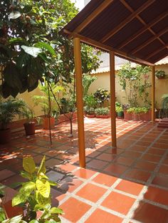 an outdoor patio with potted plants and trees