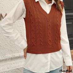 Olivia Mark - Solid Cable Knit Vest, Elegant V Neck Sleeveless Sweater Vest, Women's Clothing Knit Vest Outfits For Women, Slacks Outfit, Knit Vest Outfit, Vest Outfits For Women, Trendy Vest, Cable Knit Vest, Sleeveless Sweater Vest, Pullover Outfit, Sweater Vest Women