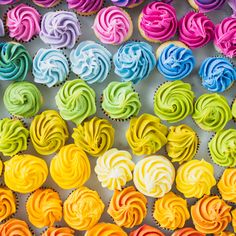 many different colored cupcakes are on display