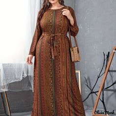 Olivia Mark - Premium Plus Size Womens Boho Dress: Colorblock Paisley Print Maxi Dress with Long Sleeves, Round Neck, Medium Stretch, and Belt Vestidos Retro, Womens Boho Dresses, A Line Maxi Dress, Middle Age Fashion, Dress Retro, Muslim Dress, Split Design, Women Long Sleeve Dress, Plus Size Vintage