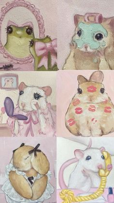 four pictures of different animals in pastel colors