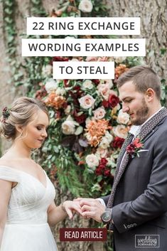 a bride and groom standing next to each other with the words 22 ring exchange word examples to steal