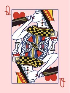 a playing card with the queen of spades holding a glass in one hand and an empty bottle in the other