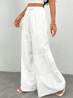 Blanco Casual Collar  Tela tricotada Liso Pierna ancha Embellished No-Elástico White Casual, Long Pants, Ruffle Hem, Womens Bottoms, Wide Leg, Pants For Women, Solid Color, Lingerie, High Waisted