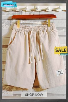 Casual Cotton Plain Shorts Bermuda Bottoms For Spring Leisure, Leisure Bermuda Bottoms For Spring, Spring Bermuda Leisure Bottoms, Beige Drawstring Bottoms For Summer, Beige Leisure Shorts For Summer, Spring Bermuda Bottoms With Drawstring, Spring Drawstring Pants With Short Length, Spring Drawstring Short Pants, Beige Drawstring Shorts For Summer