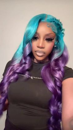 Gray And Black Hair Black Women, Dark Blue Wig Hairstyles, Light Purple Wig Install, Wig Installs With Color, Royal Blue Wigs For Black Women, Blonde And Blue Wig, Half Up Half Down With Color, Butterfly Locs Blue, Unique Wig Colors