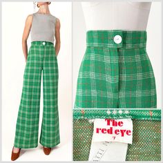 1970s green plaid knit wide leg pants. Ultra high rise with a button closure and zipper fly. In great vintage condition - please see photos.  All measurements are taken with the garment laying flat and doubled for the bust, waist, and hips.  Waist: 25" Hips: 35" with comfortable stretch to 36" Rise: 13" Upper Thigh: 11.5"across Inseam: 31" Label: The Red Eye Material: Not listed; looks/feels like poly  Size on Tag: 7 Approx. Fit: 25 waist  Some garments have been adjusted in photos to fit the form. Please reference measurements provided for true size.  *I don't accept returns so please ask any questions before purchase. I'm happy to provide additional pictures, details, or measurements. See shop policies and FAQs for more information. Plaid Wide Leg Pants, Knit Wide Leg Pants, 70s Green, Red Eye, Bell Bottom, Red Eyes, Green Plaid, I'm Happy, Wide Leg Trousers