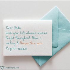 an envelope with a card saying dear any name here wish your life always remains bright throughout have a rocking and happy new year