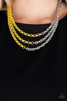 Rows of shimmery silver chains merge with shiny yellow chains, creating colorful layers below the collar. Features an adjustable clasp closure.

Sold as one individual necklace. Includes one pair of matching earrings. Turn Up The Volume, Layered Chain Necklace, Yellow Necklace, Silver Chains, Enamel Necklaces, Rock Stars, Paparazzi Accessories, Affordable Jewelry, Paparazzi Jewelry