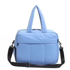 Large Duffel Bag - Mabel Love Co Blue Duffle Bag With Zipper Closure For On-the-go, Light Blue Rectangular Travel Bag, Functional Blue Shoulder Bag For Travel, On-the-go Blue Rectangular Satchel, Blue Weekender Bag With Zipper For Travel, Blue Travel Shoulder Bag With Zipper Closure, Blue Tote Weekender Bag With Zipper Closure, Blue Weekender Bag With Removable Pouch For Travel, Blue Shoulder Bag With Zipper For Travel