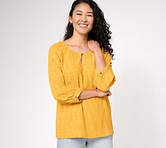 A delightful addition to your wardrobe, this textured peasant top exudes timeless Bohemian elegance. Style it with boyfriend jeans and strappy sandals or a laid-back, carefree look. From Canyon RetreatTM. Red Crewneck, Pocket Tunic, Elegance Style, Studded Denim, With Boyfriend, Keyhole Neck, Floral Denim, Henley Top, Peasant Top