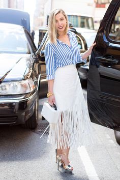 Kerry Pieri, Senior Digital Editor   Bag MALINHAS MARK CROSS Blue And White Striped Shirt, Fringe Fashion, Street Style 2017, 2015 Trends, Fashion Articles, Skirt Outfit, Stripe Skirt, Spring Fashion