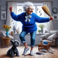 an old woman is dancing with her dog