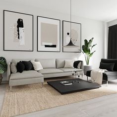 a white living room with black and white decor