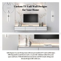 an advertisement for a tv unit with two vases on it and the words custom tv unit designs for your home