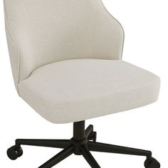 an upholstered office chair with casteors and wheels, on a white background