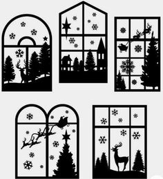 the silhouettes of windows with christmas trees and santa claus on it, as well as snowflakes