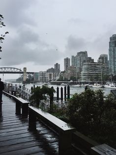 a person walking down a wooden walkway next to the water in front of a city