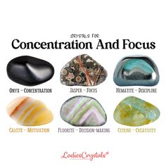 This is a concentration and focus crystal set of 6 crystals. Onyx, jasper, hematite, calcite, fluorite and citrine. The concentration and focus set include: ☆ 6 crystals are listed above with sizes 2 - 2,5 cm. ☆ Glossy Information card with the properties of crystals. ☆ Velvet bag for your stones. ☆ Gift card (optional). ☆ Everything is packed in a small elegant box with a ribbon ready to be given as a gift. ☆ CRYSTALS PROPERTIES ☆ Onyx - Concentration Jasper - Focus Hematite - Discipline Calcit Teen Witch, Spiritual Crystals, Information Card, Crystal Healing Stones, Crystal Magic, Crystal Meanings, Minerals And Gemstones