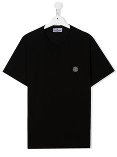 Compass-logo crew neck T-shirt from Stone Island Junior featuring black, cotton, crew neck, logo print at the chest, signature Compass motif, short sleeves and straight hem. Compass Logo, Stone Island Junior, Stone Island, Logo Print, Compass, Patch Logo, Black Cotton, Neck T Shirt, Short Sleeves