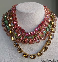 Layered crystal statement necklace, colorado topaz Austrian crystal collet, rose pink Georgian paste riviere, padparadscha crystal necklace This group of layered Austrian crystal necklaces are truly a la Anna Wintour style. Light Colorado topaz, rose pink, light padparadscha (peach) and crystolite green Austrian crystals make them a true statement combination.  You can wear them individually all together, mix and match to accentuate your wardrobe. They can be ordered at a variety of lengths to c Anna Wintour Style, Crystal Statement Necklace, Swarovski Crystal Necklace, Anna Wintour, Fabulous Jewelry, Austrian Crystal, Rose Pink, Swarovski Crystal, Crystal Necklace