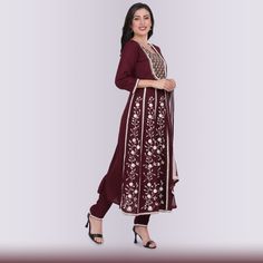 Looking for a modern dress that is both stylish and comfortable? Look no further than the Naira Cut Modern dress! Made from soft rayon fabric, this dress is perfect for any occasion. The beautiful embroidery in the front adds a touch of elegance, while the pencil pants provide a snug and comfortable fit. The matching chiffon dupatta completes the look and makes this dress perfect for any formal or informal event. Ready To Wear Saree, Sari Blouse, Chiffon Dupatta, The Pencil, Pencil Pants, Modern Dress, Rayon Fabric, Beautiful Embroidery, Purple Dress