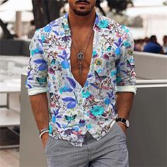 Men's Shirt Graphic Shirt Aloha Shirt Floral Turndown White Pink Blue Purple Green Casual Daily Long Sleeve Print Button-Down Clothing Apparel Sports Fashion Designer Casual 2024 - $24.99 Spring Tropical Print Button-up Hawaiian Shirt, Tropical Button-up Shirt With Floral Print, Men’s Floral Dress Shirt, Multicolor Tropical Button-up Shirt, Multicolor Floral Print Hawaiian Button-up Shirt, Floral Long Sleeve Shirt, Womens Basic Tops, Mens Printed Shirts, Mens Outdoor Jackets