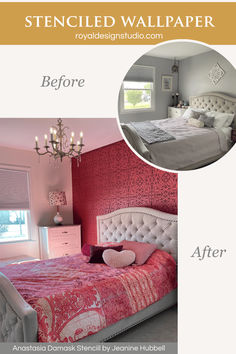 the before and after photos of a bedroom with red wallpaper, white bedding and chandelier