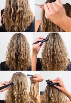 "A step-by-step tutorial showing how to create beachy waves using a flat iron. The first frame shows the woman with straight hair, the second shows her curling the hair with the flat iron in alternating directions, and the final image reveals soft, beachy waves that frame her face." Beachy Waves, Flat Iron, Straight Hair, Straight Hairstyles, Two By Two, Hair Styles, Frame