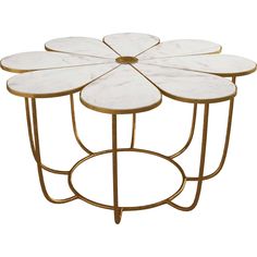 four white flower shaped side tables on metal bases with gold legs and round tops, set against a white background