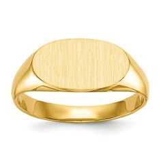 Features: Material Purity:14K Finish:Polished & Brushed Band Width:2 to 6 mm (tapered) Material:Gold Engravable:Yes Sold By Unit:Each Gender:Unisex Texture:Satin Profile Type:Closed Back Material: Color:Yellow Ring Type:Signet Ring Ring Top Length:6.25 mm Ring Top Width:11.5 mm Size: 4.  Gender: female.  Age Group: kids. Yellow Ring, Signet Ring Men, Yellow Rings, Gold Signet Ring, Traditional Fashion, Personalized Monogram, Ring Size Guide, Fine Jewelry Gift, Types Of Rings