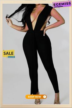 Sexy Solid Split Joint Backless Asymmetrical V Neck Regular Jumpsuits Asymmetrical Stretch Bodysuit For Evening, Asymmetrical Black Bodysuit For Party, Black Asymmetrical Bodysuit For Party, Black Asymmetrical Party Bodysuit, Trendy High Waist Strapless Jumpsuit For Party, Chic High-waist Jumpsuits For Club, Chic High-waist Jumpsuits And Rompers For Club, Asymmetrical Black Jumpsuit For Party, Trendy Asymmetrical Bodysuit For Night Out