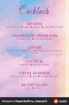 the menu for cocktails is shown in pink and blue