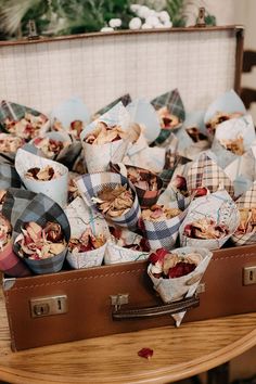 Tartan and map themed paper cones filled with dried petal confetti Scottish Inspired Wedding, Rustic Scottish Wedding, Scottish Themed Wedding, British Lunch