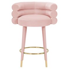 a pink bar stool with gold legs and an upholstered design on the back