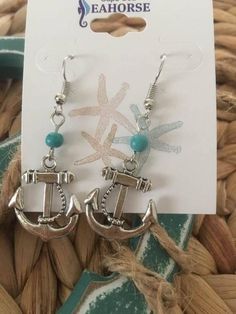 Anchor  turquoise bead drop Earrings,Nautical Earrings,Coastal Earrings Metal Beaded Drop Earrings For Beach, Beaded Metal Drop Earrings For Beach, Handmade Turquoise Casual Earrings, Casual Turquoise Dangle Earrings, Turquoise Nickel-free Beaded Earrings For Beach, Casual Nickel-free Turquoise Jewelry, Casual Turquoise Earrings For Summer, Casual Turquoise Nickel-free Jewelry, Hypoallergenic Dangle Beaded Earrings For Beach