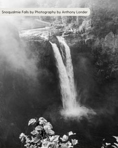 an old black and white photo of a waterfall in the foggy mountains with text overlaying it