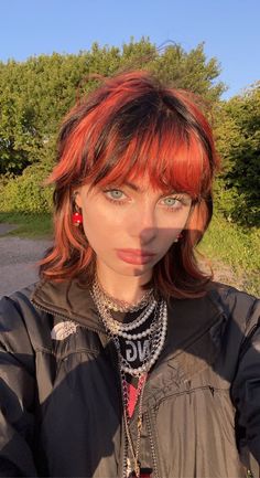 Red Orange Shag Hair, Red And Orange Streaks Hair, Alt Short Hairstyles With Bangs, Red And Black Hair Short Alt, Blue And Black Hair With Bangs, Red Bleached Hair, Alt Hair Inspo Short, Short Red Black Hair, Artistic Hair Color