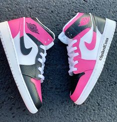 Custom Black Pink and White J1  All shoes are customized as pictured pink black and white with custom Jordan 1 logos on side .... Rosa Jordans, Cute Jordans, Nike Shoes Women Fashion, Tie Sneakers, Pink Nike Shoes, Pretty Sneakers, Trendy Shoes Sneakers, Nike Shoes Girls, Basket Style