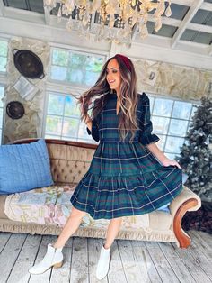 Full body view of the Gretchen Scott Teardrop Dress Plaidly Cooper Green Plaid Baby Doll Dress, Gathered Skirt, Comfort Style, Green Plaid, Babydoll Dress, White Collar, Holiday Collection, Baby Doll, Doll Dress