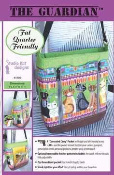 an advertisement for the gaudian bag with cats on it's front and back