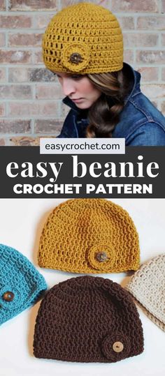 three crocheted hats with buttons on them and the text easy beanie crochet pattern