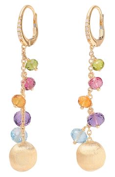 Twinkling pavé diamonds and a hand-engraved bead of 18-karat gold flank this captivating pair of drop earrings featuring faceted stones in exquisite colors. 2 1/8" drop; 3/8" width Lever-back closure Total diamond weight: 0.07ct. 18k gold/London blue topaz/blue topaz/quartz/tourmaline Made in Italy >Diamond Guide Luxury Multi-stone Teardrop Earrings, Luxury Multicolor Earrings With Gemstone Accents, Yellow Gold Earrings With Gemstone Accents, Luxury Teardrop Multi-stone Earrings, Luxury Drop Multi-stone Jewelry, Yellow Gold Gemstone Accented Drop Earrings, Luxury Dangle Earrings With Faceted Details, Luxury Faceted Dangle Earrings, Luxury Gemstone Dangle Earrings