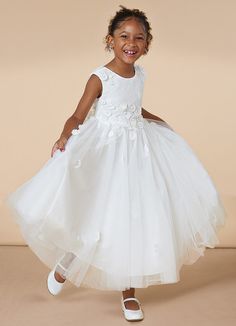 Alie is our lovely flower girl dress cut from lace and tulle. She features a scoop neckline with a 3D lace embellished bodice. The look is complete with an A line skirt. Baptism Gown, First Communion Dress, White Flower Girl Dresses, Tulle Flower Girl, First Communion Dresses, Flower Girl Dresses Tulle, Ankle Length Dress, Communion Dresses, Exclusive Dress