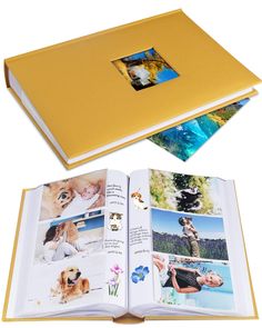 an open photo book with pictures inside and on the cover, next to it's opened pages