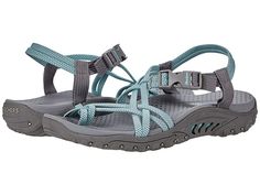 SKECHERS Reggae - Irie Mon - Women's Shoes : Grey : The SKECHERS Reggae - Irie Mon sandal boasts comfort and eye-catching style with a river-style design, woven straps, and an open toe. Stretch fabric upper material. Quick-access buckle closure at the ankle. Adjustable side tab offers a custom fit. Breathable fabric strap lining. Contoured and cushioned insole lends to all-day comfort. Shock-absorbing midsole. Flexible rubber traction outsole. Imported. Measurements: Weight: 8 oz Product measure Strappy Sport Sandals With Buckle Closure For Summer, Beach Sport Sandals With Adjustable Ankle Strap, Comfortable Strap Sandals For Vacation, Adjustable Buckle Closure Sandals For Outdoor, Outdoor Sandals With Buckle Closure And Adjustable Fit, Adjustable Buckle Closure Outdoor Sandals, Strappy Sport Sandals With Cushioned Footbed For Vacation, Beach Sport Sandals With Straps, Open Toe Sport Sandals With Strap For Vacation