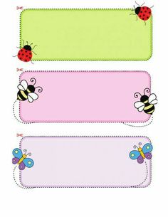 three colorful labels with ladybugs and butterflies on the top one is blank for text