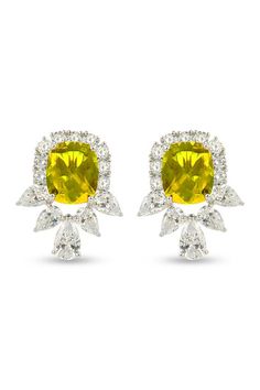 Rhodium plated geometric shaped studs with yellow crystal embellishment. - Aza Fashions Earring Collection, Luxury Sale, Jewellery Earrings, Stud Jewelry, Yellow Earrings, Fashion App, Silver Crystal, Crystal Embellishment, Gift Card Sale